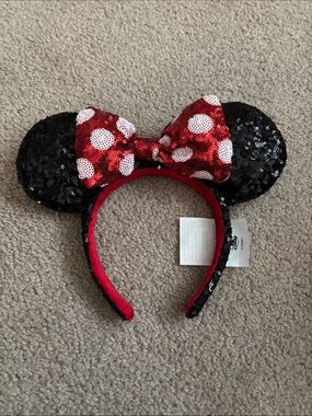 Disney Parks-Sequin Minnie Mouse Ear Headband with Red Polka Dot Bow one size